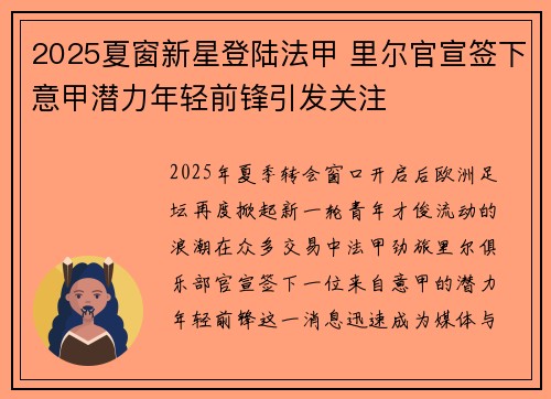 2025夏窗新星登陆法甲 里尔官宣签下意甲潜力年轻前锋引发关注